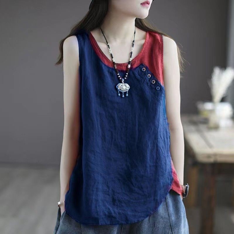 เสื้อกั๊กแขนกุด ผ้าฝ้าย และผ้าลินิน แบบบาง ทรงหลวม แฟชั่นฤดูร้อน สําหรับผู้หญิง 2024