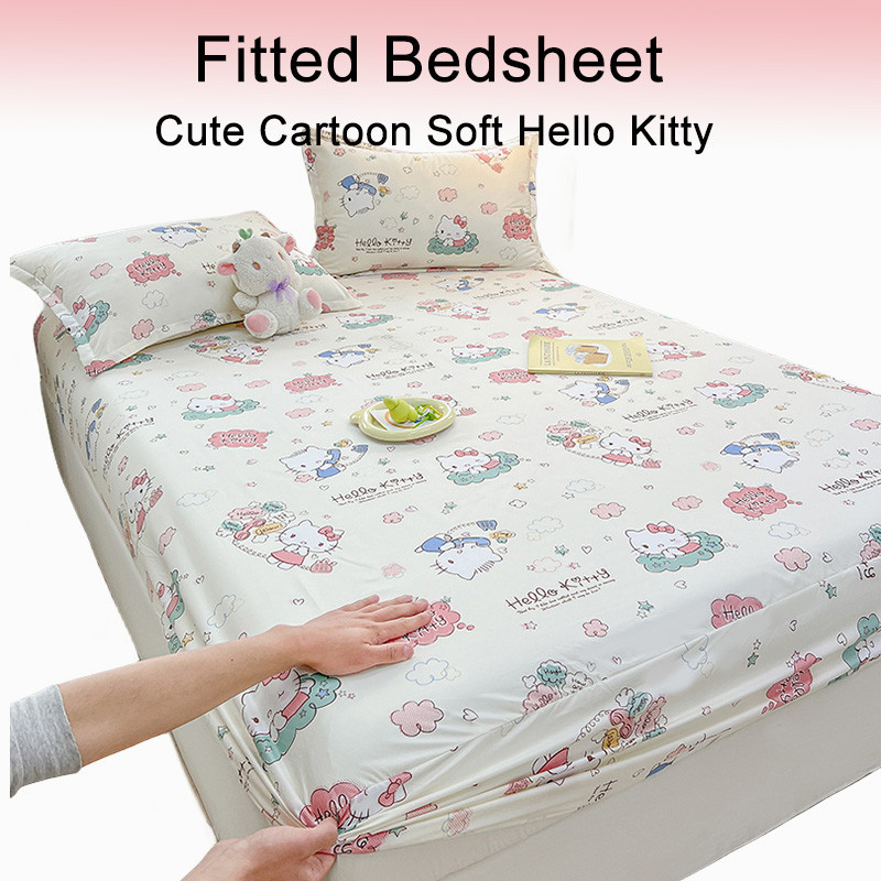 ผ้าปูที่นอน แบบนิ่ม ลาย Hello Kitty 800TC สําหรับเตียงควีนไซซ์ คิงไซซ์ผ้าปูที่นอน 3.5ฟุต 5ฟุต 6ฟุต