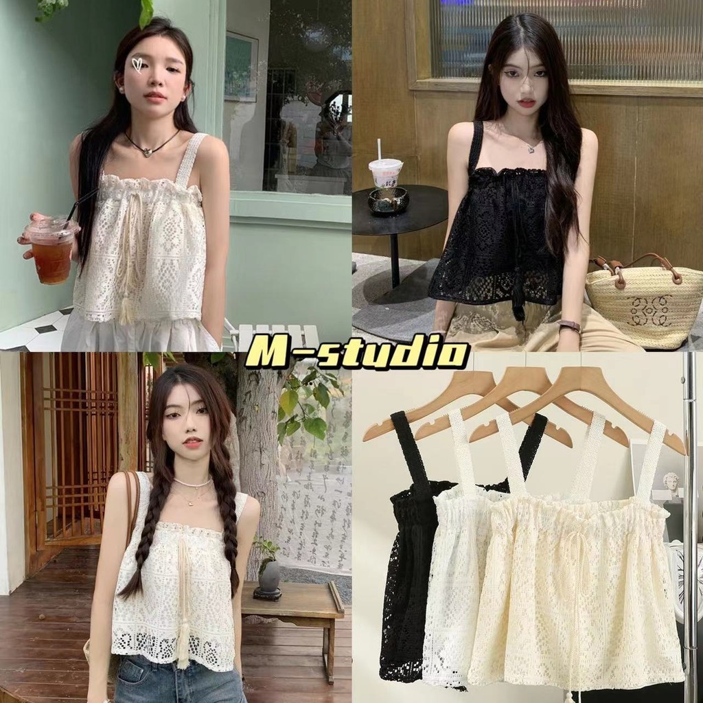Maze พร้อมส่ง เสื้อกล้ามถักสายเดี๋ยวลูกไม้สไตล์เกาหลีแนวน่ารักๆ เสื้อกล้ามถักไหมพรม ยืดกำลัง ลายลูกไม้(61622)