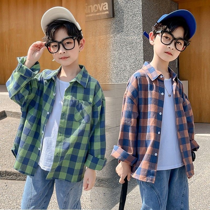 เสื้อเชิ้ตผ้าฝ้ายลายสก็อตสำหรับเด็กผู้ชายเสื้อเชิ้ตแขนยาวแบบใหม่สำหรับ2023เด็กเล็กสไตล์เกาหลี
