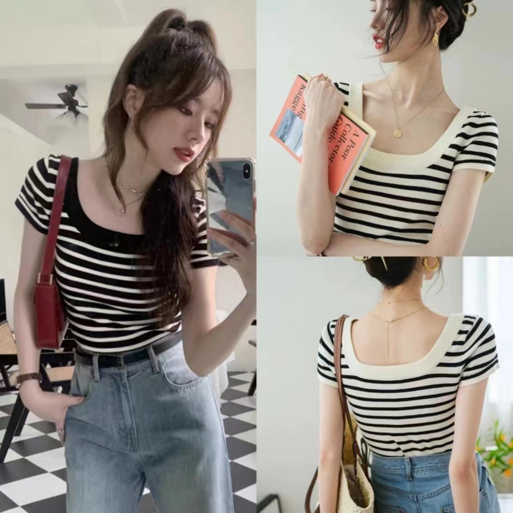 เสื้อไหมพรมแขนสั้น เสื้อเชิ้ตลายทาง นุ่มสบาย คอกลม แมทช์ง่ายสุดๆ #2293