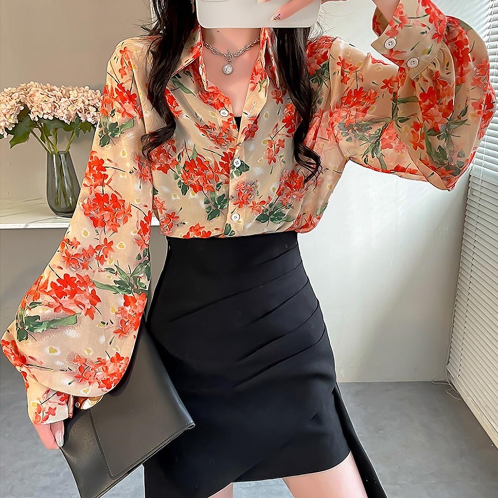 👚Anna👚W315❤️ เสื้อเชิ้ตแขนยาว ผ้าชีฟอง พิมพ์ลายดอกไม้ สําหรับผู้หญิง ผ้าบางใส่สบาย สีพาสเทลน่ารักมาก ผู้หญิง
