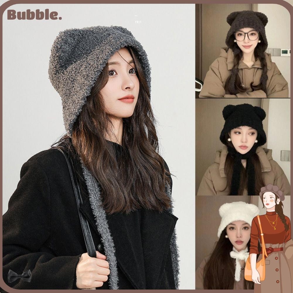 Bubble หมวกบีนนี่ถัก มีสายคล้องยาว ป้องกันหู น่ารัก เท่ ฤดูใบไม้ร่วง สไตล์ญี่ปุ่น สําหรับผู้หญิง