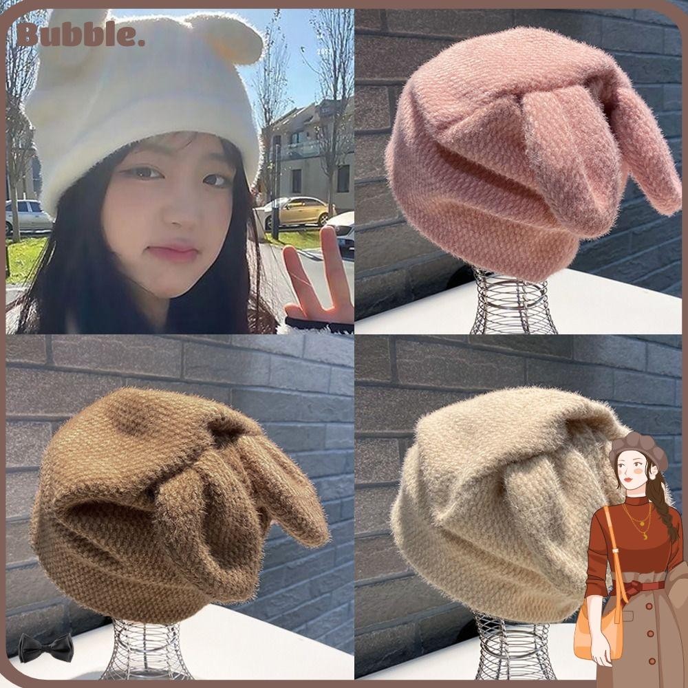 Bubble หมวกไหมพรมถัก ผ้าขนสัตว์ หูกระต่ายน่ารัก นิ่ม ป้องกันหู เหมาะกับฤดูใบไม้ร่วง และฤดูหนาว สําหรับผู้หญิง