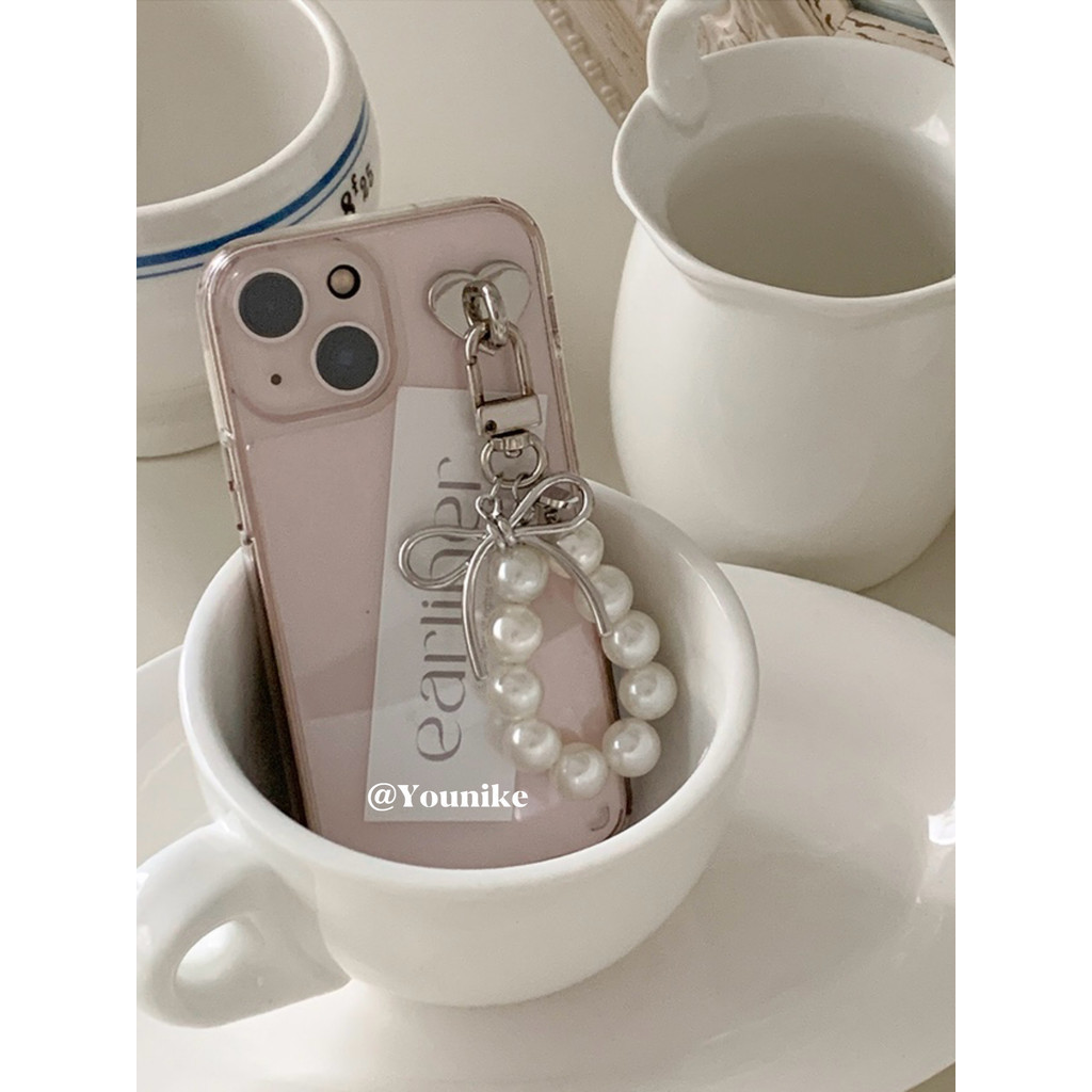 เคสป้องกันโทรศัพท์มือถือ แบบใส ประดับจี้โบว์ และไข่มุก กันกระแทก สไตล์เกาหลี สําหรับ Apple Iphone 15pro 14promax 13 12 11