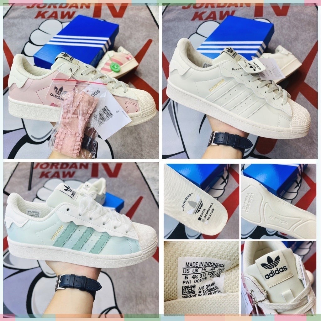 Das Adidas superstar รองเท้าผ้าใบพร้อม Shell Toe สีฟ้าและสีชมพูครีมสี Full sz สําหรับผู้ชายและผู้หญิ