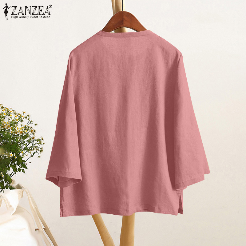 Zanzea เสื้อเบลาส์ปุ่มแขนสามส่วนสีทึบเกาหลีสําหรับผู้หญิง - รูปที่ 3