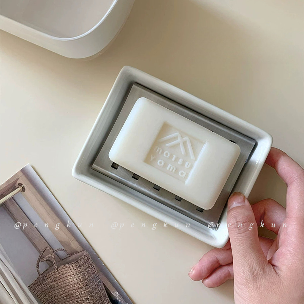 มูจิ สไตล์สองชั้นกล่องสบู่เซรามิกที่เรียบง่ายครัวเรือนท่อระบายน้ํากล่องสบู่ห้องน้ําห้องน้ําสี่เหลี่ยม304จานสบู่สแตนเลส