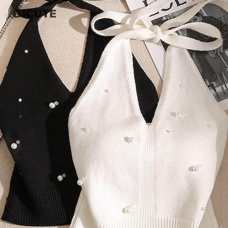 Gjcute แฟชั่นภาษาฝรั่งเศสคําลูกปัด Halter คอ Tie Knot Backless ถักเสื้อกั๊กสําหรับผู้หญิง WTD