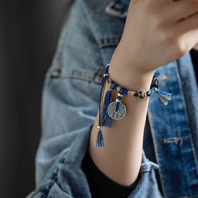 สร้อยข้อมือทิเบต ภูเขาผีจับคู่สี เหวินหว่าน เชือกเงิน ปลอดภัย ปรับได้ เครื่องประดับคู่ชายและหญิง
