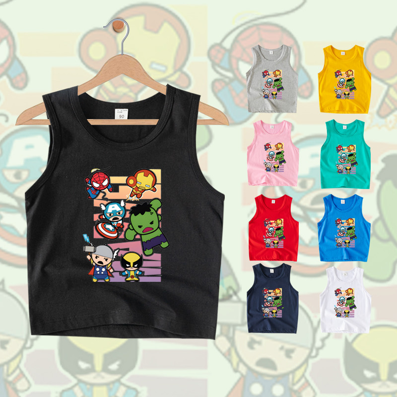 Super HERO เสื้อกล้ามเด็กผ้าฝ้าย 100% แฟชั่นการ์ตูนเสื้อยืดแขนกุดสําหรับเด็กชายและเด็กหญิง 9 สี TH2TB072