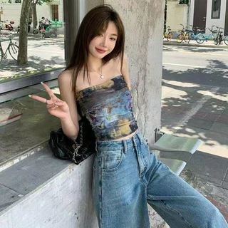 🌺GGals​🌺​เสื้อเกาะอก มีฟองน้ำ พิมพ์ลาย เสื้อครอปแขนกุด สไตล์เกาหลี สวยๆ เซ็กซี่ ใส่สบาย ส่งไวจากไทย