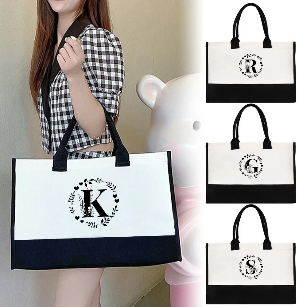 กระเป๋าถือ กระเป๋าถือแบบพกพา กระเป๋าปอกระเจาช้อปปิ้งความจุขนาดใหญ่ ร้านขายของชำ จัดเก็บ พิมพ์พวงหรีด ชุดตัวอักษร