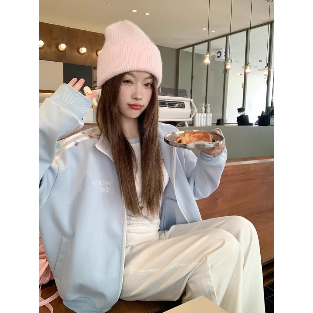 Solovely ผู้หญิง สไตล์เกาหลี ลายทาง แขนยาว แจ็คเก็ต ปักลาย ซิป เสื้อสเวตเตอร์