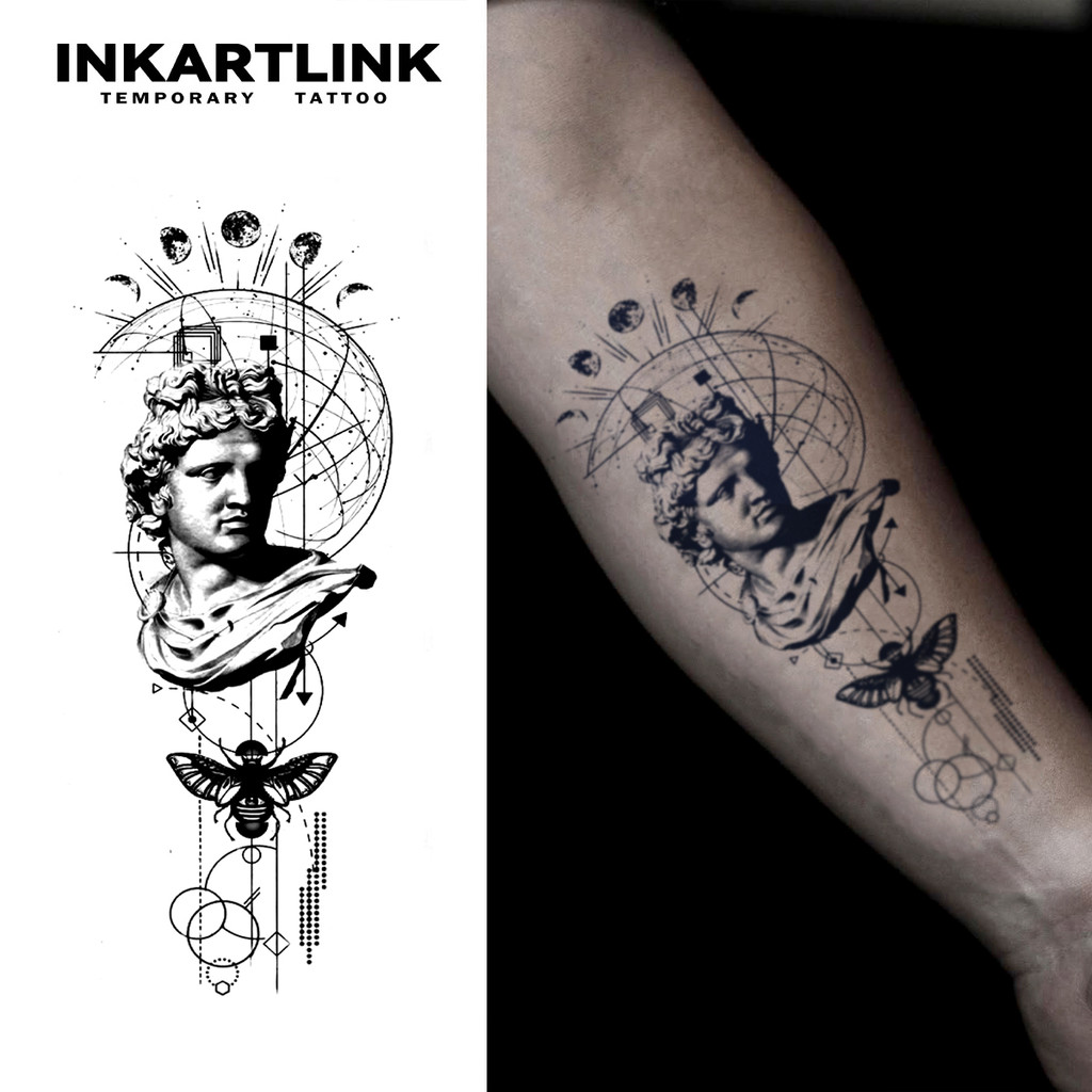 INKARTLINK สติ๊กเกอร์ติดผิว Tattoo จิตรกรรมกรีกแกะสลัก ดอกไม้+ผีเสื้อ ลายเรขาคณิต กันน้ำ 1‑2 สัปดาห์ Temporary Tattoo Sticker