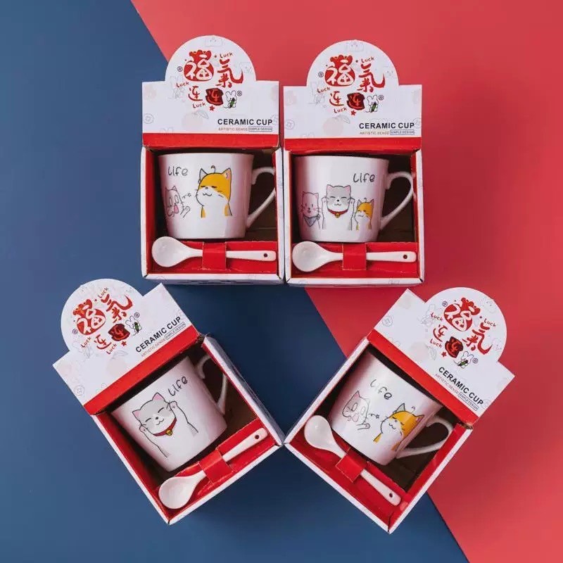 BJ-แก้วกาแฟพร้อมช้อนชง 200ML ลายน่ารัก มีกล่องเหมาะสำหรับเป็นของขวัญ