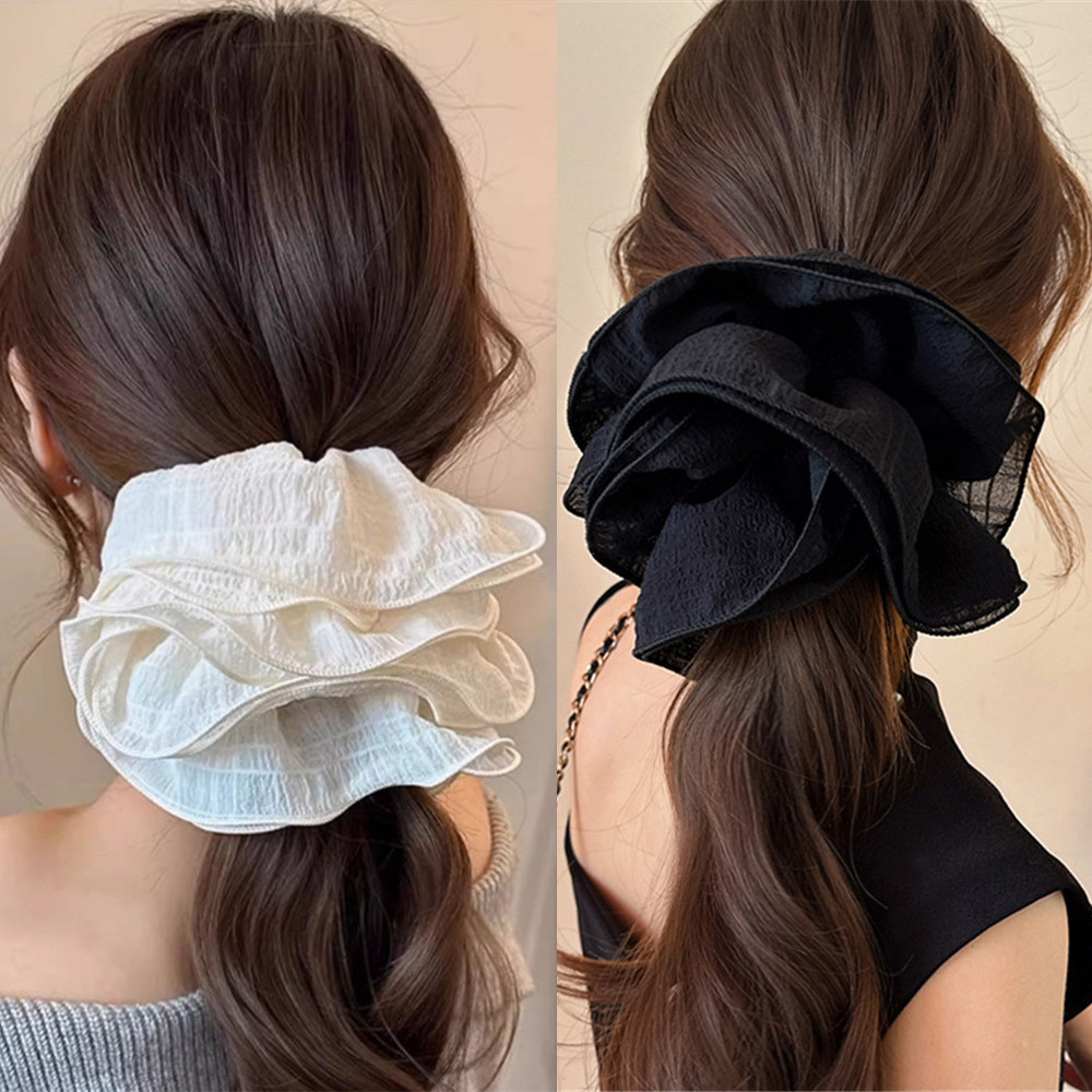 4 ชั้น ขนาดใหญ่! สีดําสีขาวลูกไม้พับระดับไฮเอนด์ขนาดใหญ่ลําไส้แหวนผมขี้เกียจฝรั่งเศสเกาหลีเชือกผมสําหรับผู้หญิง