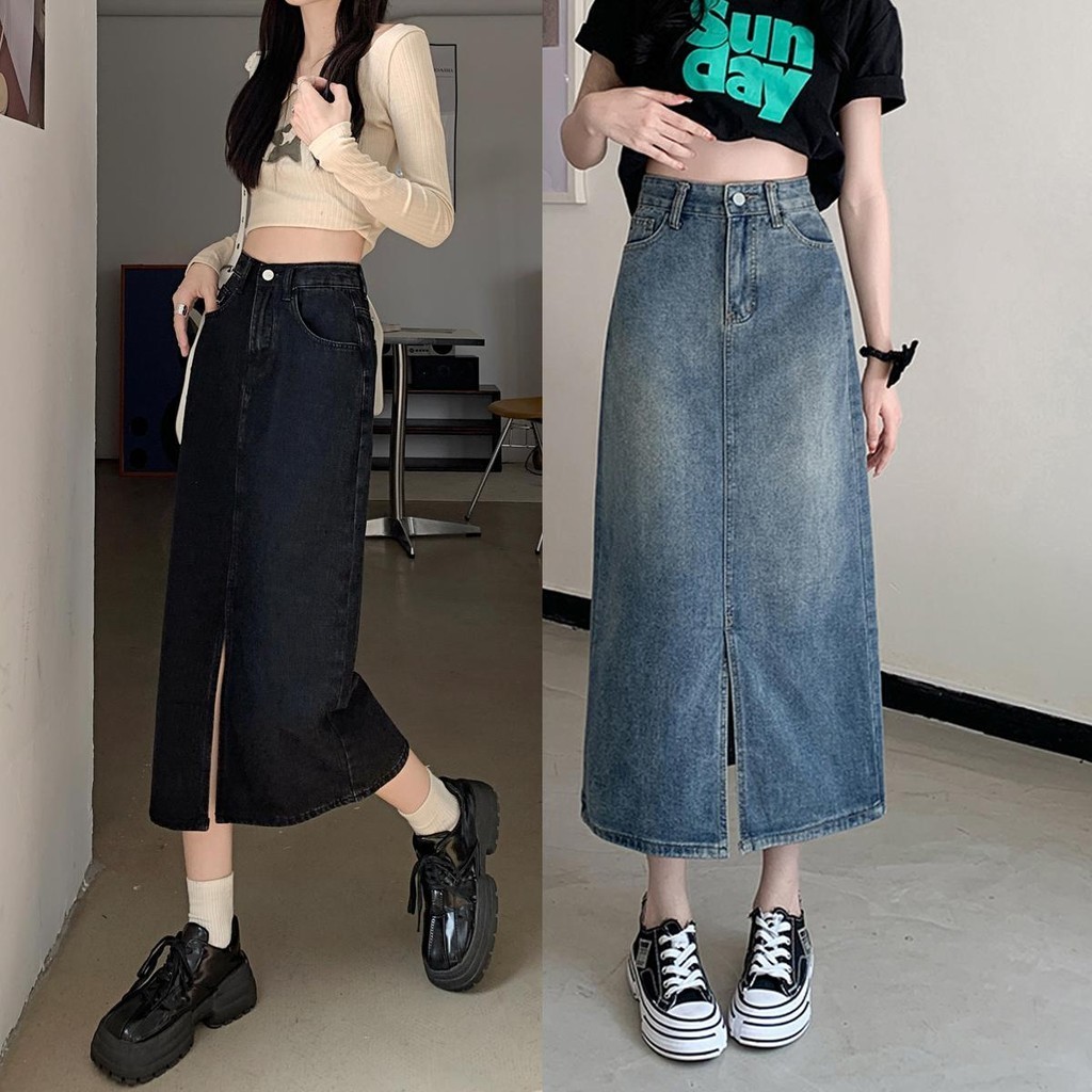 Lune_Grace -พร้อมส่ง-กระโปรงยีนส์ยาว เอวสูง ผ่าหน้า SIZE S~2XL กระโปรงยาวสไตล์เกาหลี รุ่นJ7009#