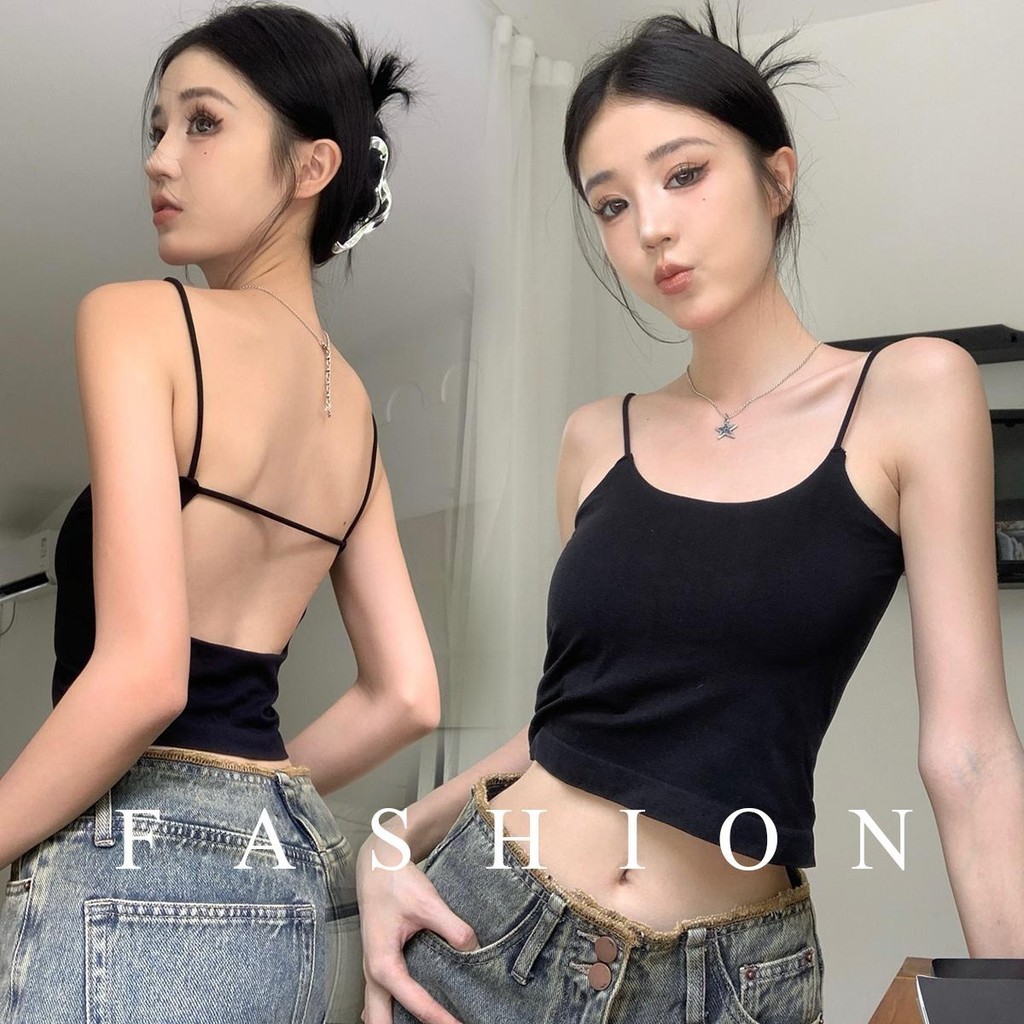 mimi&didi.เสื้อสายเดี่ยวครอปผู้หญิง Y2K เสื้อสายเดี่ยว มีฟองน้ำในตัว คอยูสุดชิค เซ็กซี่ แฟชั่นสไตล์เกาหลี#X2326