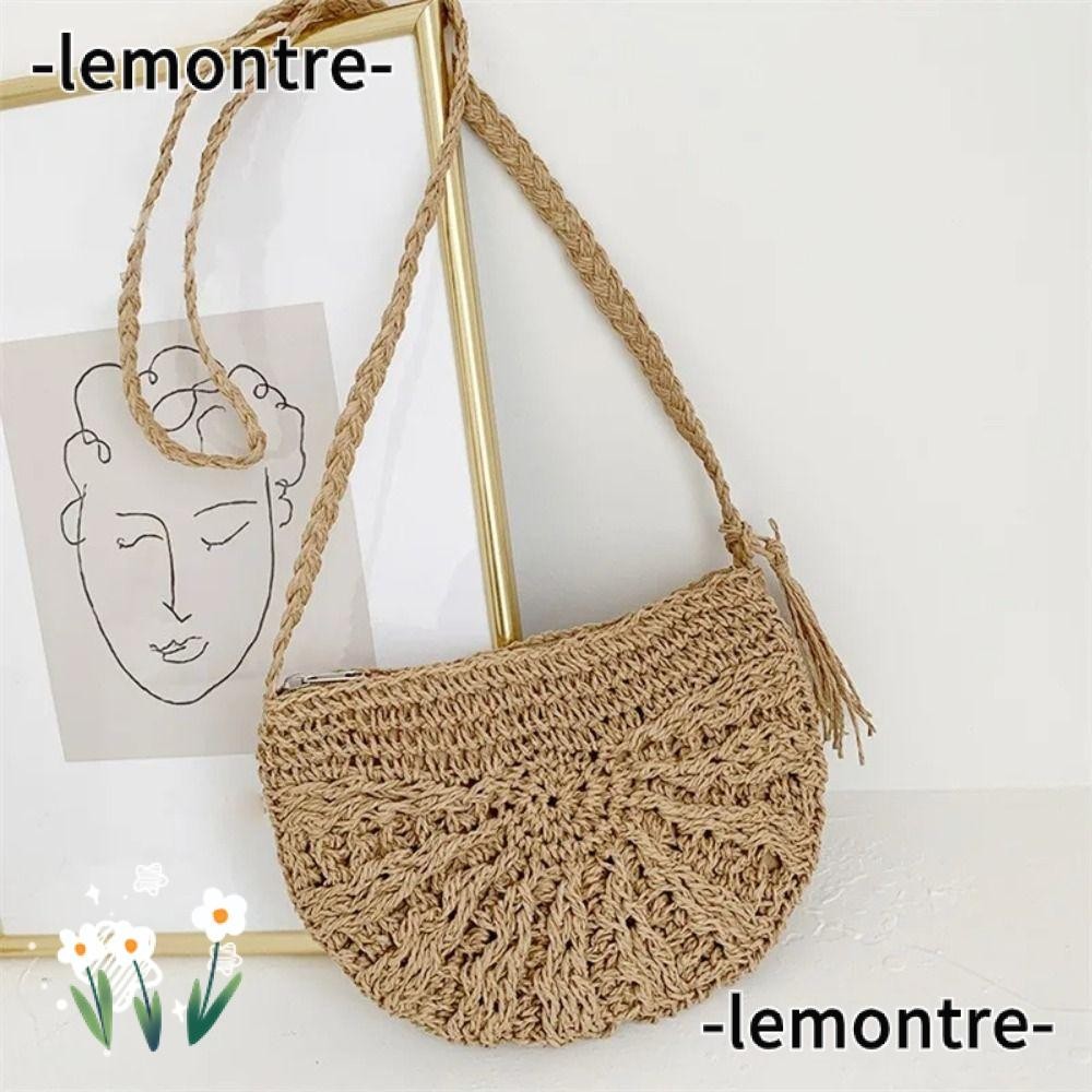 Lemontre กระเป๋าสะพายข้าง ฟาง ครึ่งวงกลม กระเป๋าสะพายไหล่ กระเป๋าถือ โบฮีเมียน ซิป สําหรับผู้หญิง