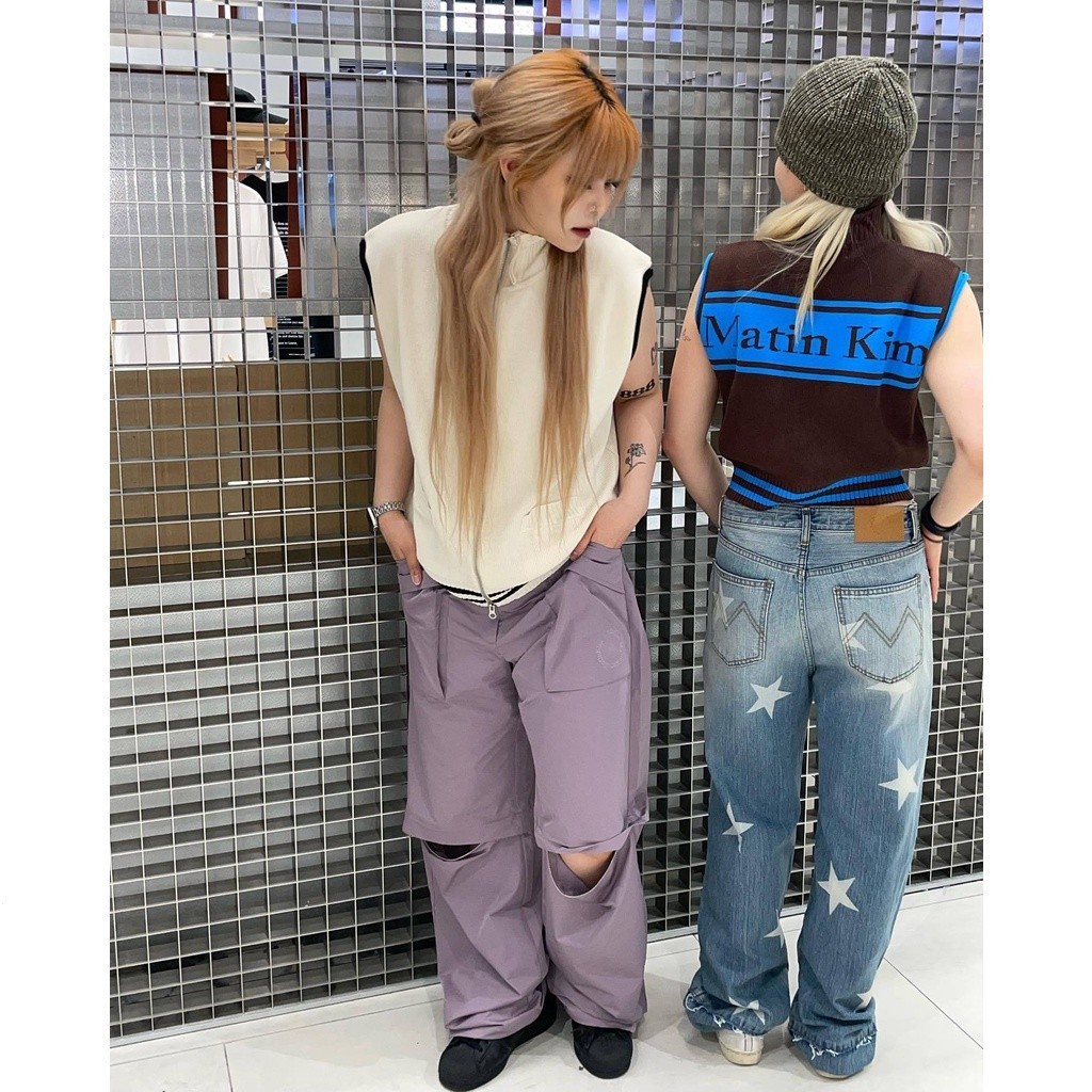 [Matin Kim] เสื้อยืดถัก มีซิปคู่ พิมพ์ลายตัวอักษร คุณภาพสูง แฟชั่นสไตล์เกาหลี สําหรับผู้ชาย และผู้หญิง