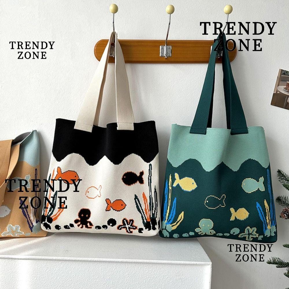 Trendyzone กระเป๋าสะพายไหล่ กระเป๋าช้อปปิ้ง ทรงโท้ท ผ้าถัก ขนาดใหญ่ จุของได้เยอะ ลายการ์ตูนปลาหมึก นํากลับมาใช้ใหม่ได้ แฟชั่นสําหรับผู้หญิง