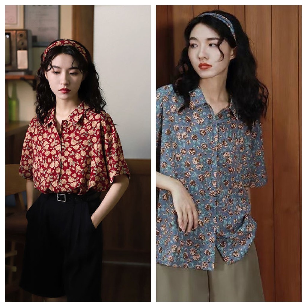 เสื้อชีฟองลายดอกไม้ หญิง ย้อนยุคสไตล์ฮ่องกง ฤดูร้อน เสื้อเชิ้ตแขนสั้นพิมพ์ลายดอกกุหลาบสไตล์ฮ่องกงวินเทจ