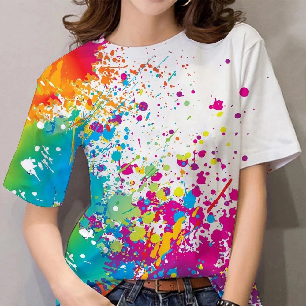 ใหม่ เสื้อยืดลําลอง แขนสั้น พิมพ์ลายกราฟฟิตี้ 3D ทรงหลวม หลากสีสัน แฟชั่นสําหรับสตรี