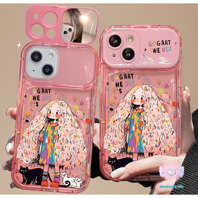 [โปรโมชั่น] Graffitiสาวผมยาวแต่งหน้ากระจกเคสโทรศัพท์ใช้งานร่วมกับiPhone 11 13 15 12 Pro Max X XR XS Max 7 8 14 15 Plus