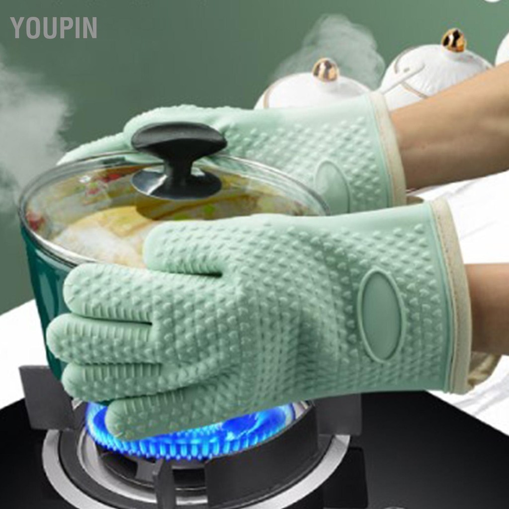 Youpin ถุงมือเตาอบซิลิโคนหนาป้องกันน้ำร้อนลวก ถุงมือทำอาหารซิลิโคนทนความร้อนสำหรับเครื่องปิ้งขนมปังเตาอบไมโครเวฟ