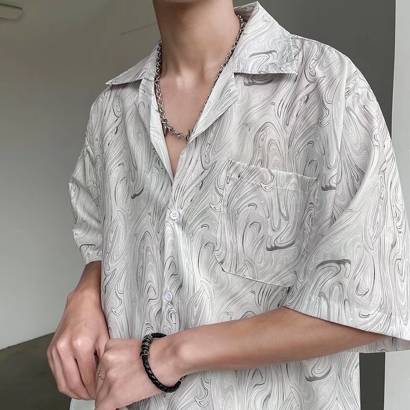 เสื้อเชิ้ตแขนสั้น ทรงหลวม ลายดอกไม้ สไตล์ฮ่องกง สําหรับผู้ชาย