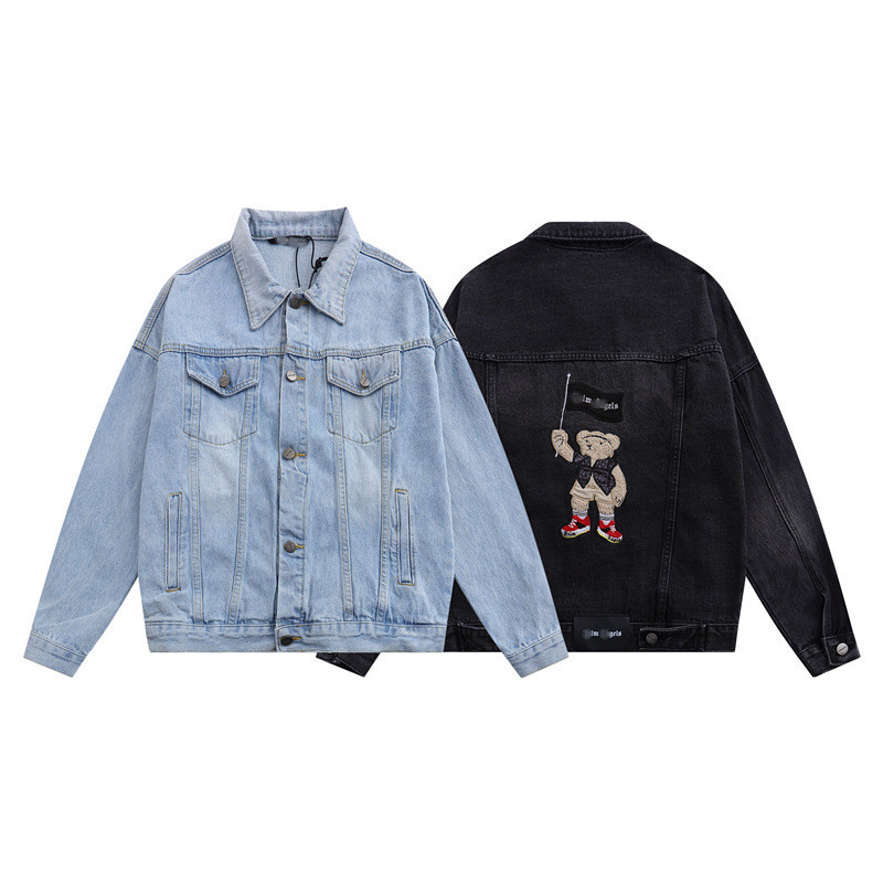 928K palm angels European and American Fashion Brand Palm Flag Bear Embroidery Washed Denim Jacket Men and WomenbfHigh Street Jacket