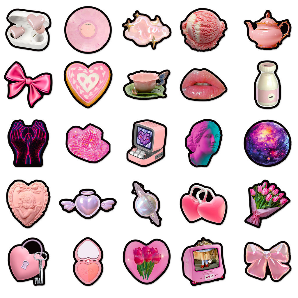 สติกเกอร์ ลายกราฟฟิตี้น่ารัก กันน้ํา สีชมพู สีมาการอง สําหรับติดตกแต่งหมวกกันน็อค จักรยาน ดินสอ 50 ชิ้น