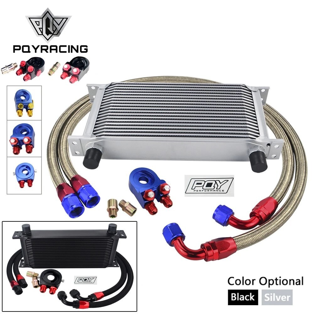 Universal 19 Rows Oil Cooler Kit +Oil Filter Sandwich + Stainless Steel Braided An10 Hose With PQY Sticker+Box