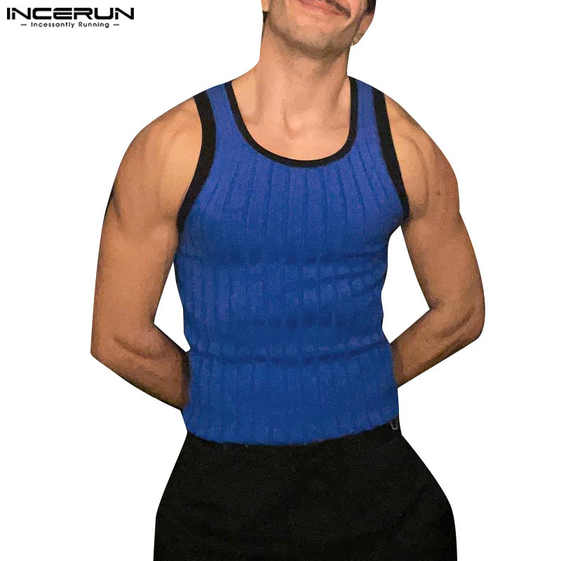 Incerun เสื้อกล้าม แขนกุด คอกลม ลายทาง สไตล์วินเทจ แฟชั่นสําหรับผู้ชาย