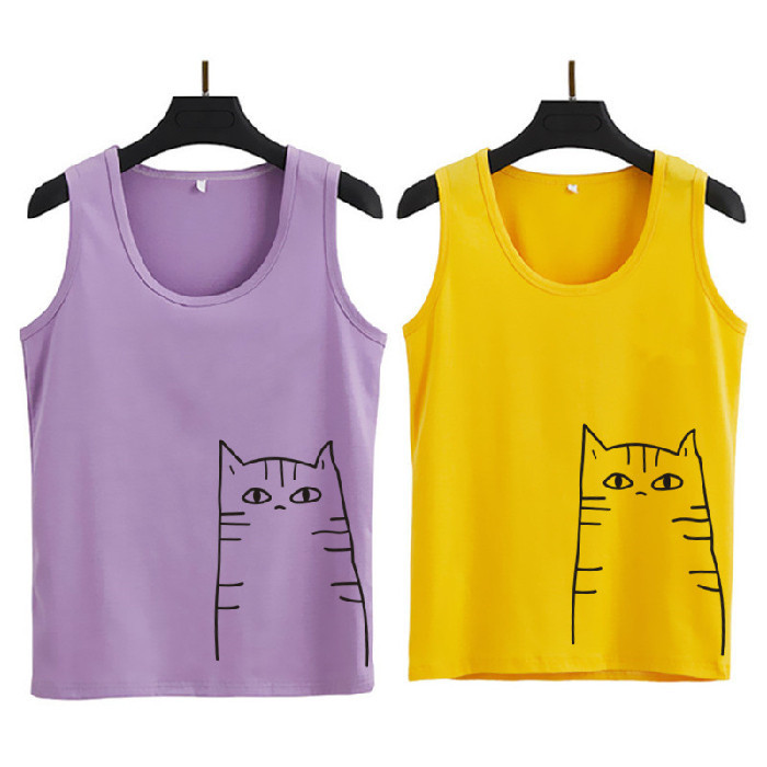 ฤดูร้อน ล่าสุด ลายการ์ตูนแมว คอกลม เสื้อแขนกุด 6สี S~3XL