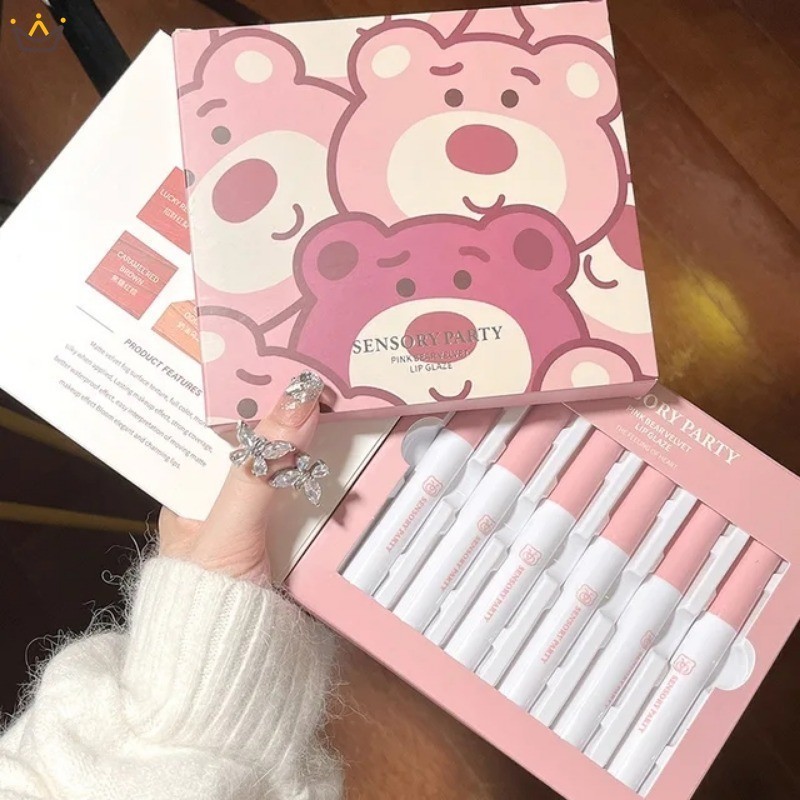 6 ชิ้น / เซต สีชมพู หมี กํามะหยี่ ลิปกลอส เนื้อแมตต์ กํามะหยี่ เคลือบริมฝีปาก กันน้ํา ติดทนนาน ไม่เป็นรอย ธรรมชาติ ลิปทินท์ ชุดเครื่องสําอาง YUE