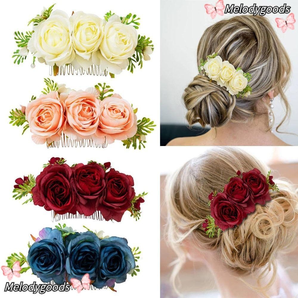 Melodg ดอกไม้ หวีผม หูฟัง กิ๊บเจ้าสาว เครื่องประดับจัดงานแต่งงาน เจ้าสาว คริสตัล เครื่องประดับผม