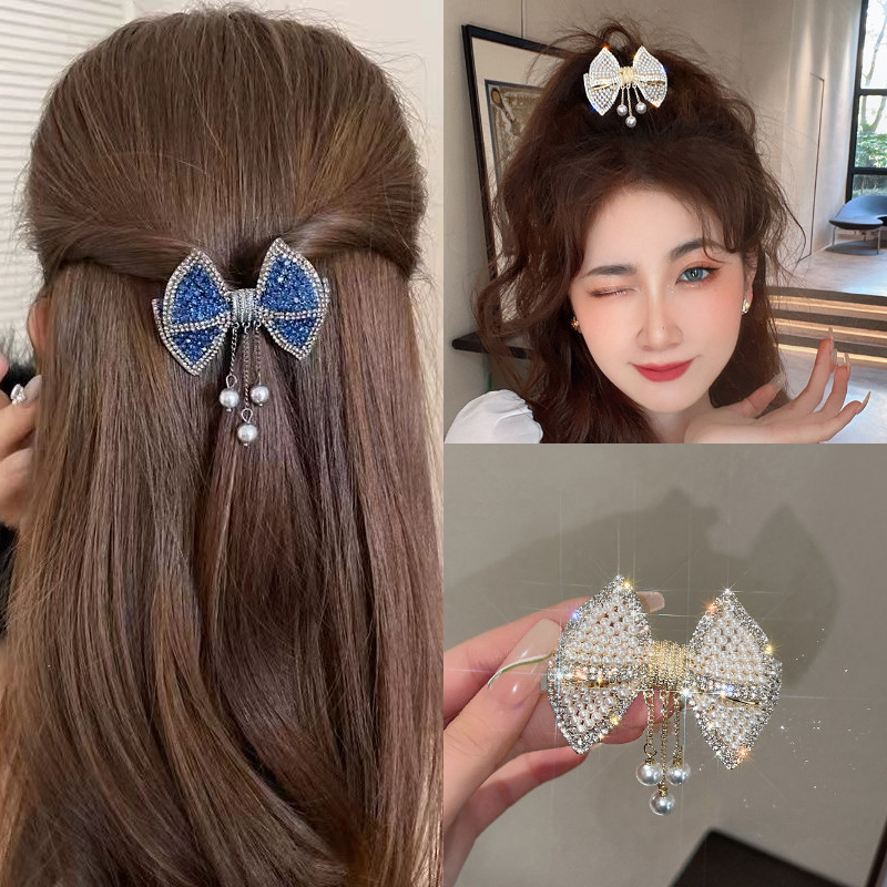 โบว์เพทาย กิ๊บผู้หญิง แฟชั่นเกาหลี หรูหรา มุก พู่ กิ๊บติดผม กิ๊บติดผม เครื่องประดับผม สําหรับเด็กผู้หญิง