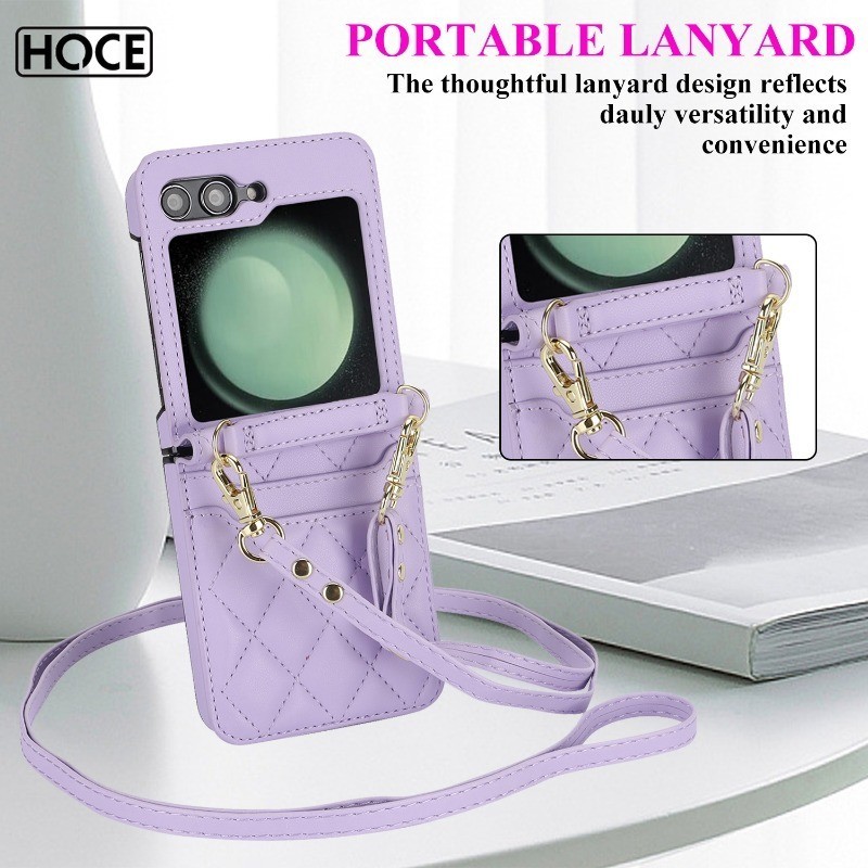 Hoce Zflip6 Rhombic lattice ช่องใส่การ์ดกระเป๋าสตางค์หนังสําหรับ Samsung Galaxy Z Flip 3/4/5/6 flip5 5G Flip4 ZFlip3 Crossbody ไหล่ Lanyard กันกระแทก