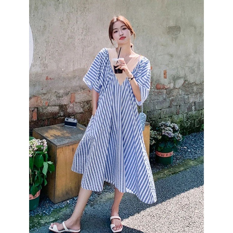 [Dress Oversize] (40-150 กก.) ชุดเดรสแขนสั้น คอวี ทรงหลวม สไตล์เกาหลี พลัสไซซ์ สําหรับผู้หญิง