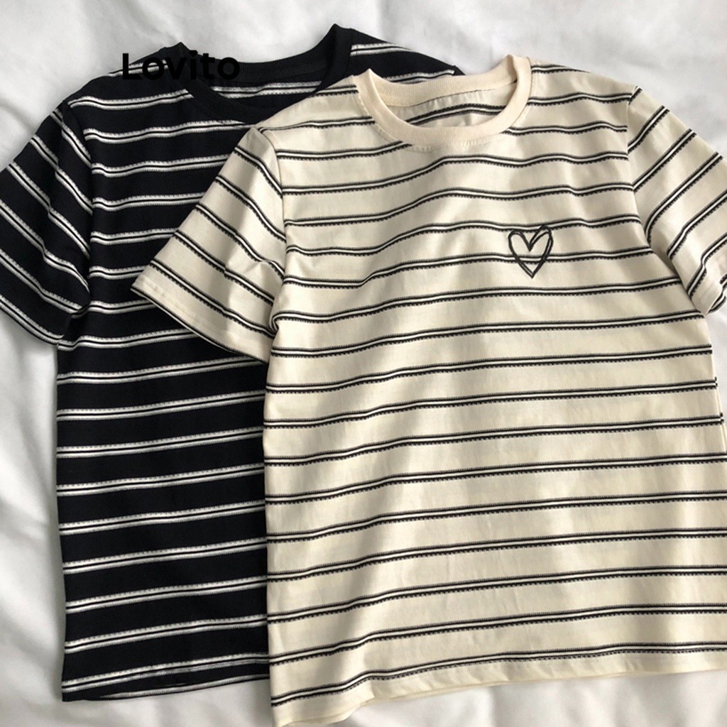 Lovito เสื้อยืดผู้หญิง คอกลม พิมพ์ลายหัวใจ ลายทาง สไตล์ลำลอง LNE24003 (แอปริคอท/ดำ)