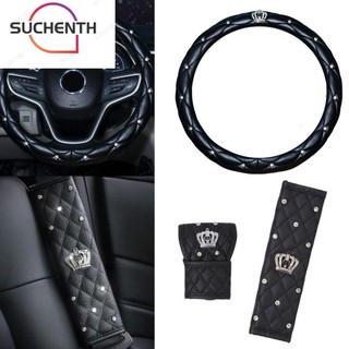 Suchenth ปลอกหุ้มพวงมาลัยรถยนต์ แบบนิ่ม ประดับเพชร สีดํา สีชมพู