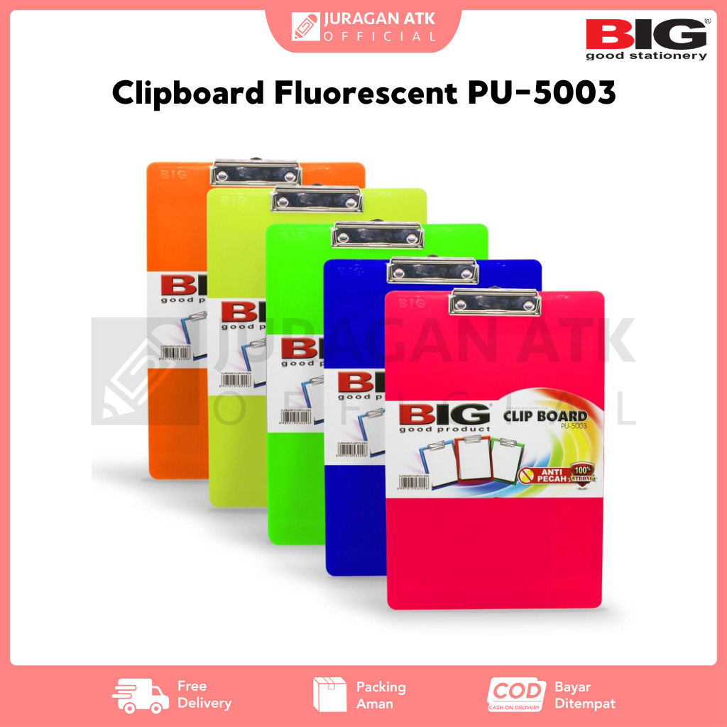 คลิปบอร์ดเรืองแสง BIG PU-5003 กระดานสอบสีเรืองแสงขนาด F4 Folio PU-5003