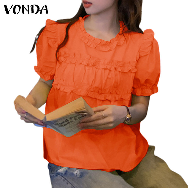 Vonda เสื้อเบลาส์ลําลอง คอกลม แขนแต่งระบาย สีพื้น สไตล์เกาหลี สําหรับผู้หญิง