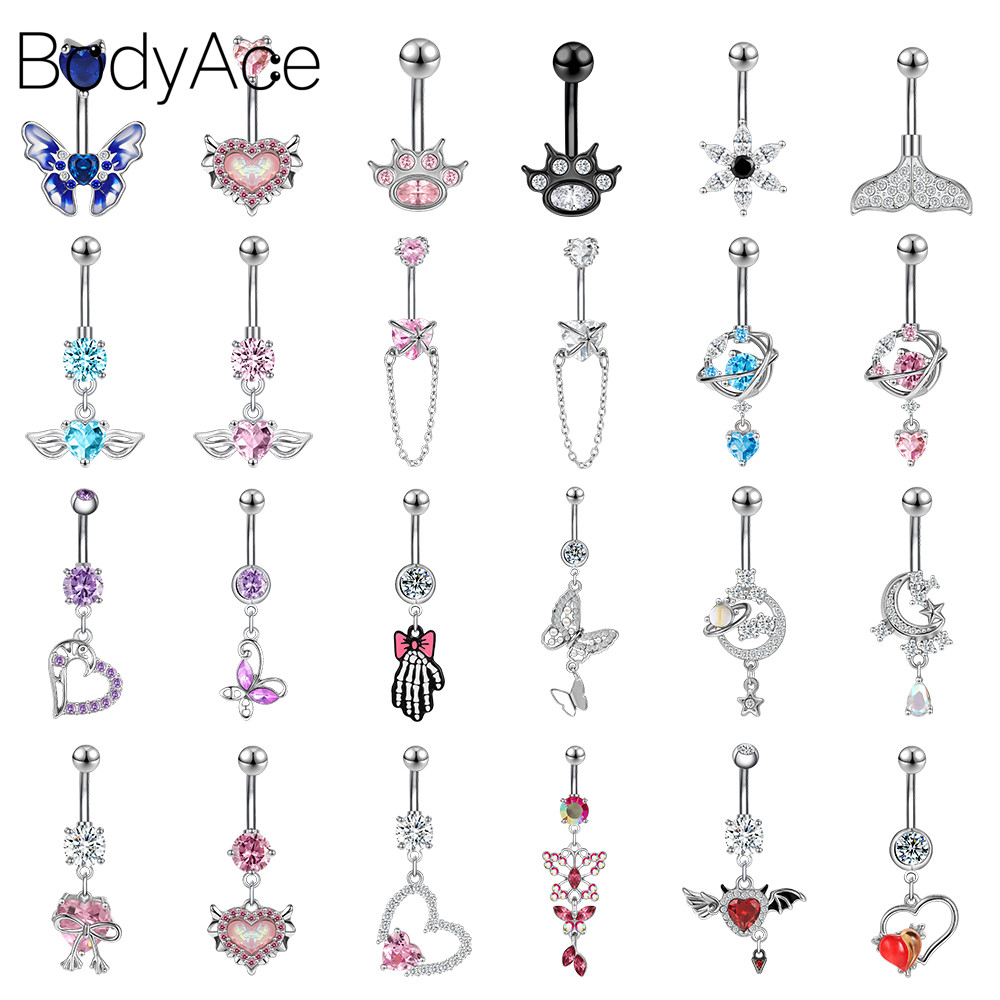 Bodyace จิวสะดือ สเตนเลส จี้คริสตัล รูปหัวใจ ดอกไม้ ผีเสื้อ ทรงกลม 14 กรัม 1 ชิ้น