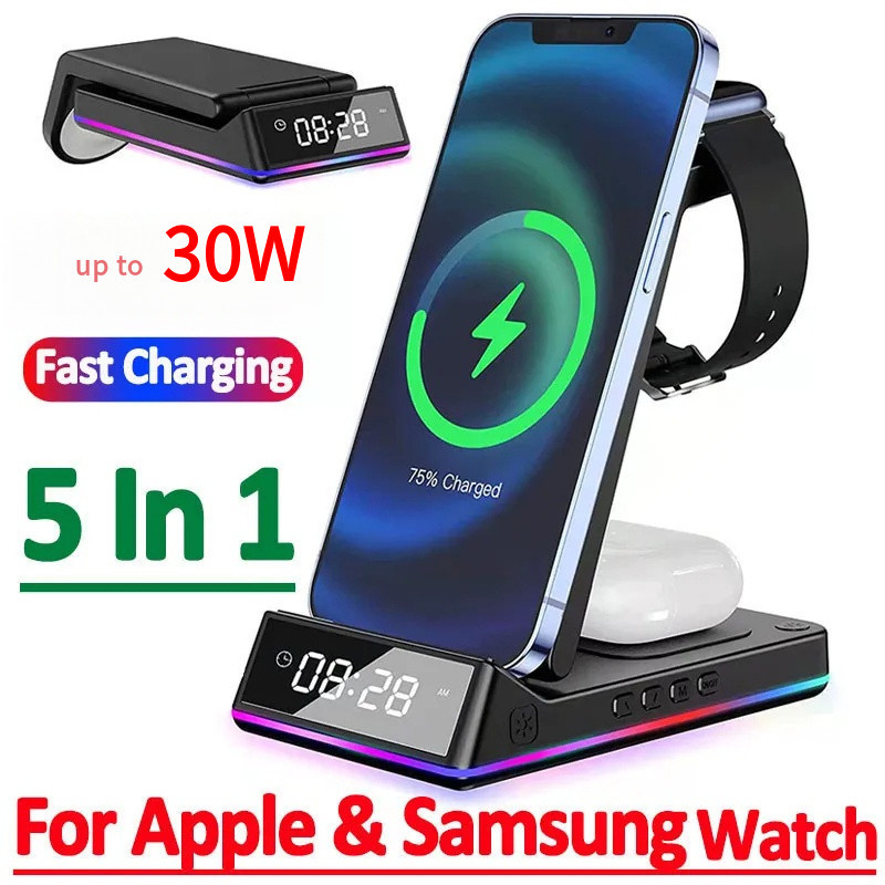 5 In 1 แท่นชาร์จไร้สาย 15W RGB Dock LED นาฬิกา แท่นชาร์จเร็ว สําหรับ iPhone Samsung 5 In 1 แท่นชาร์จไร้สาย 30W RGB LED แบบพับได้ ชาร์จเร็ว สําหรับ iPhone Samsung Galaxy Watch 5/4 S24 S23 S22