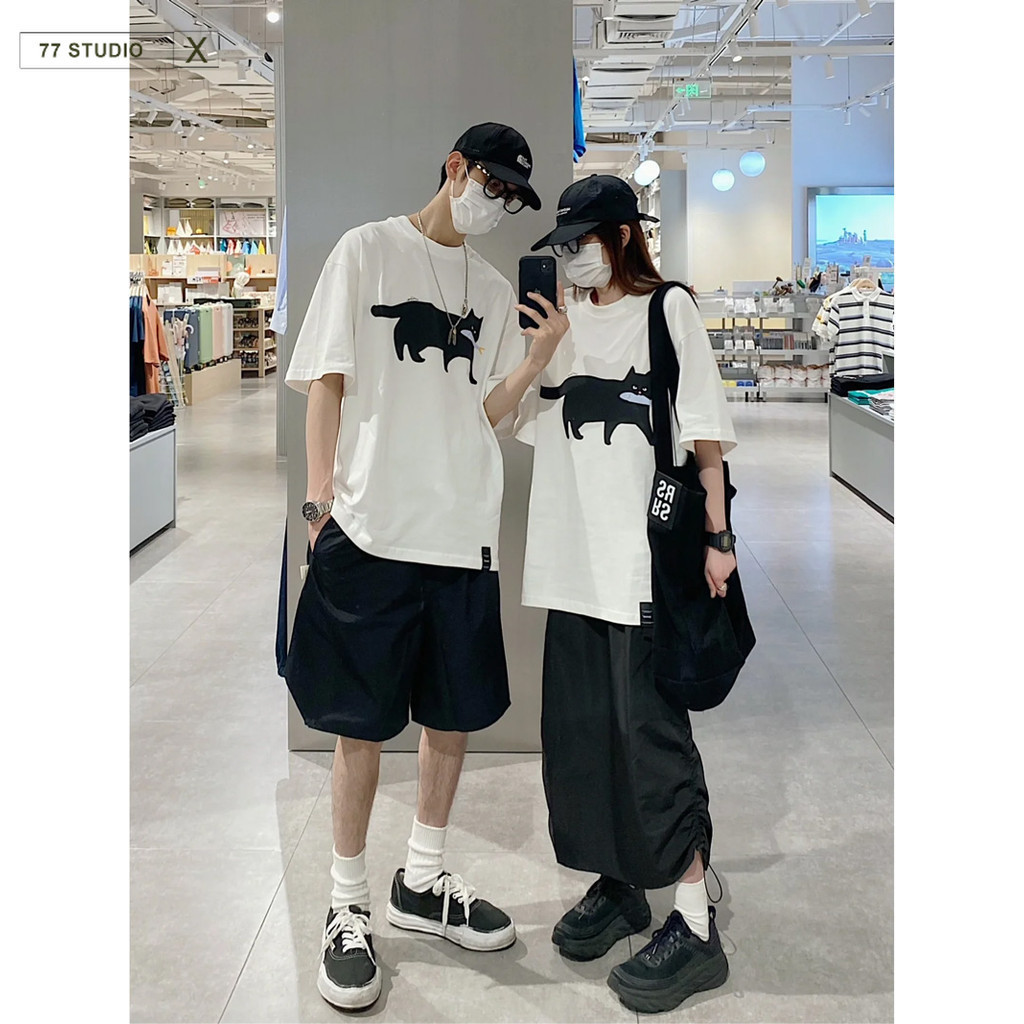 （พร้อมส่งจากกทม มาถึงใน 2วัน）เสื้อผ้าคู่รัก สไตล์เกาหลี  เสื้อยืด ฤดูร้อนหลวมครึ่งแขน oversize