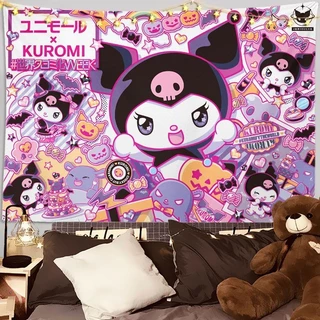 ผ้าพื้นหลังซีรีส์การรักษา Kuromi Sanrio KUROMI ผ้าแขวน น่ารัก ตกแต่งผนังหัวใจสาวๆ ผ้าผนังห้อง