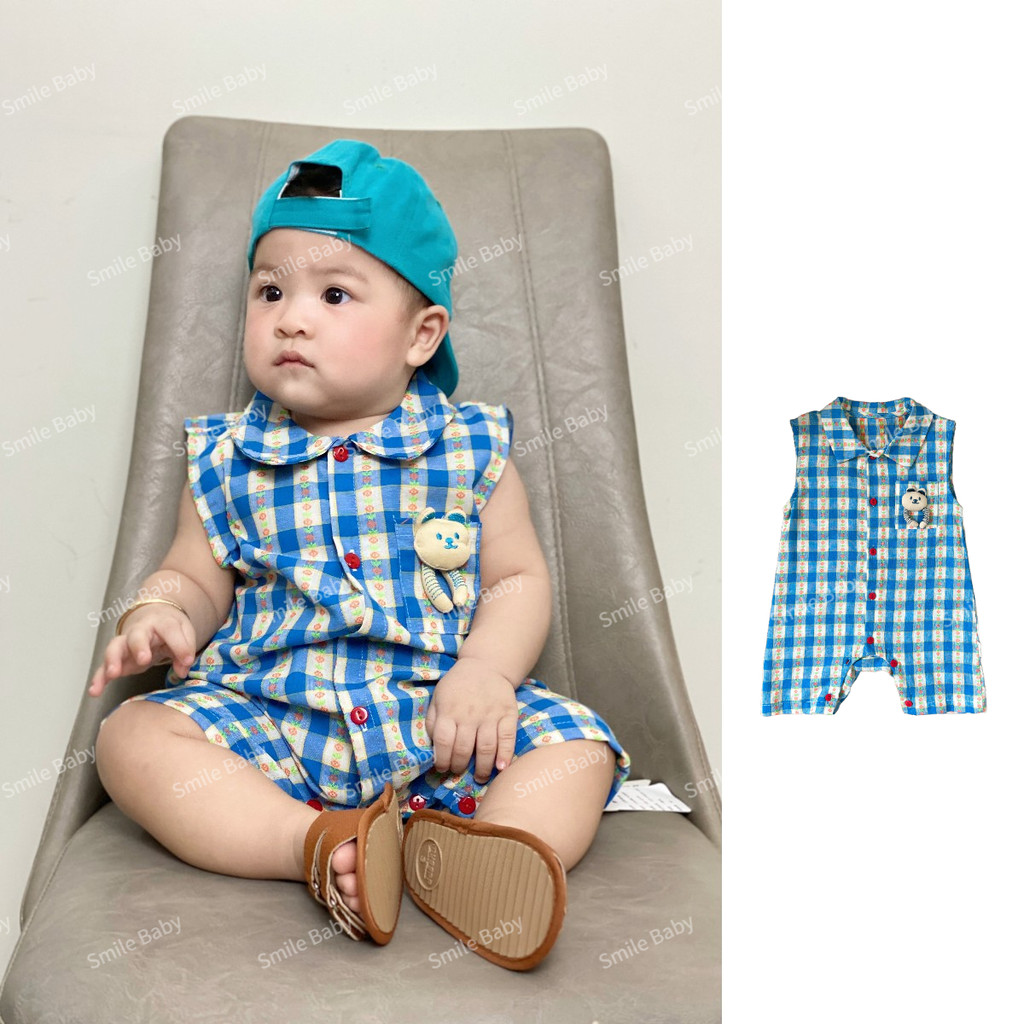ฤดูร้อนใหม่เสื้อผ้าเด็กทารกชายและหญิงแขนกุดบอดี้สูท 0-24 เดือนระบายอากาศและสะดวกสบายการ์ตูนหมีลายสก๊อต ชุดรอมเปอร์ สไตล์เกาหลี - รูปที่ 2